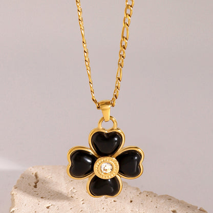 18K Gold Black Heart Clover CZ Pendant Figaro Chain Statement Necklace