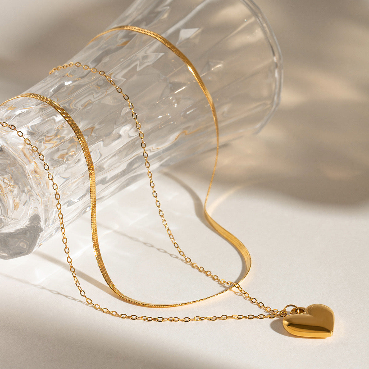 18K Gold Heart Pendant Herringbone Snake Chain Layered Necklace
