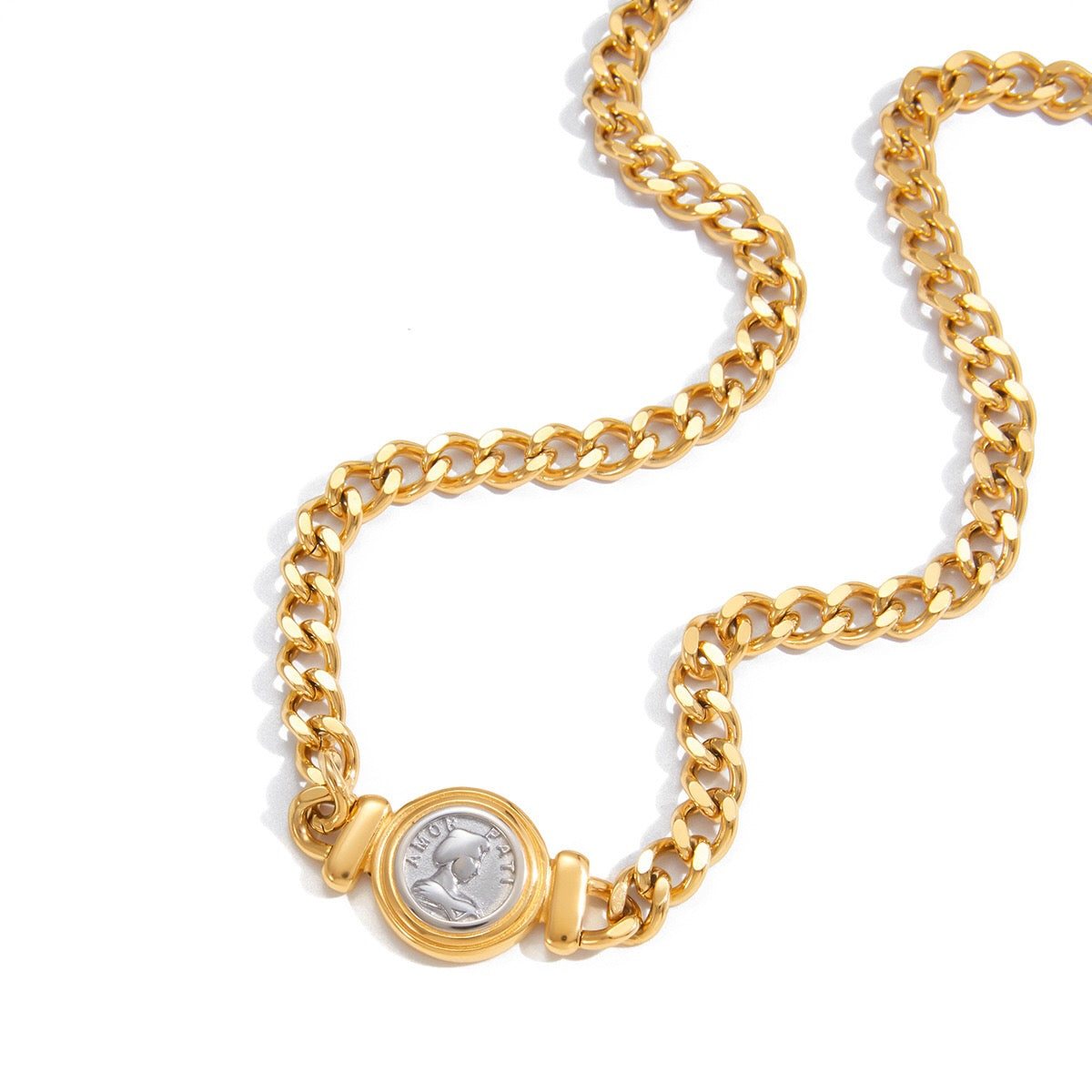 18K Gold and Silver Two Tone Coin Curb Chain Statement Choker Necklace