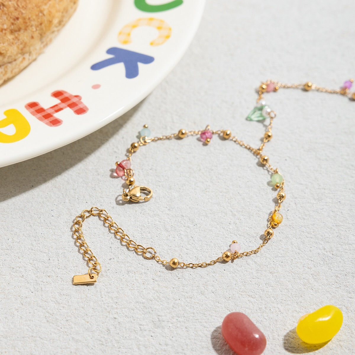 18K Gold Waterproof Pastel Color Beads Dainty Hand Chain Bracelet