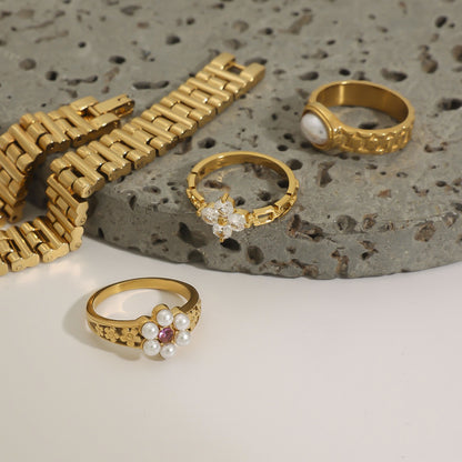 18K Gold Watch Band Flower Heart Statement CZ Stacking Ring