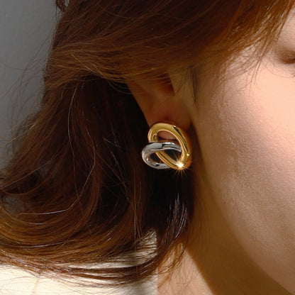 18K Gold and Silver Two Tone Pretzel Heart Statement Stud Earrings