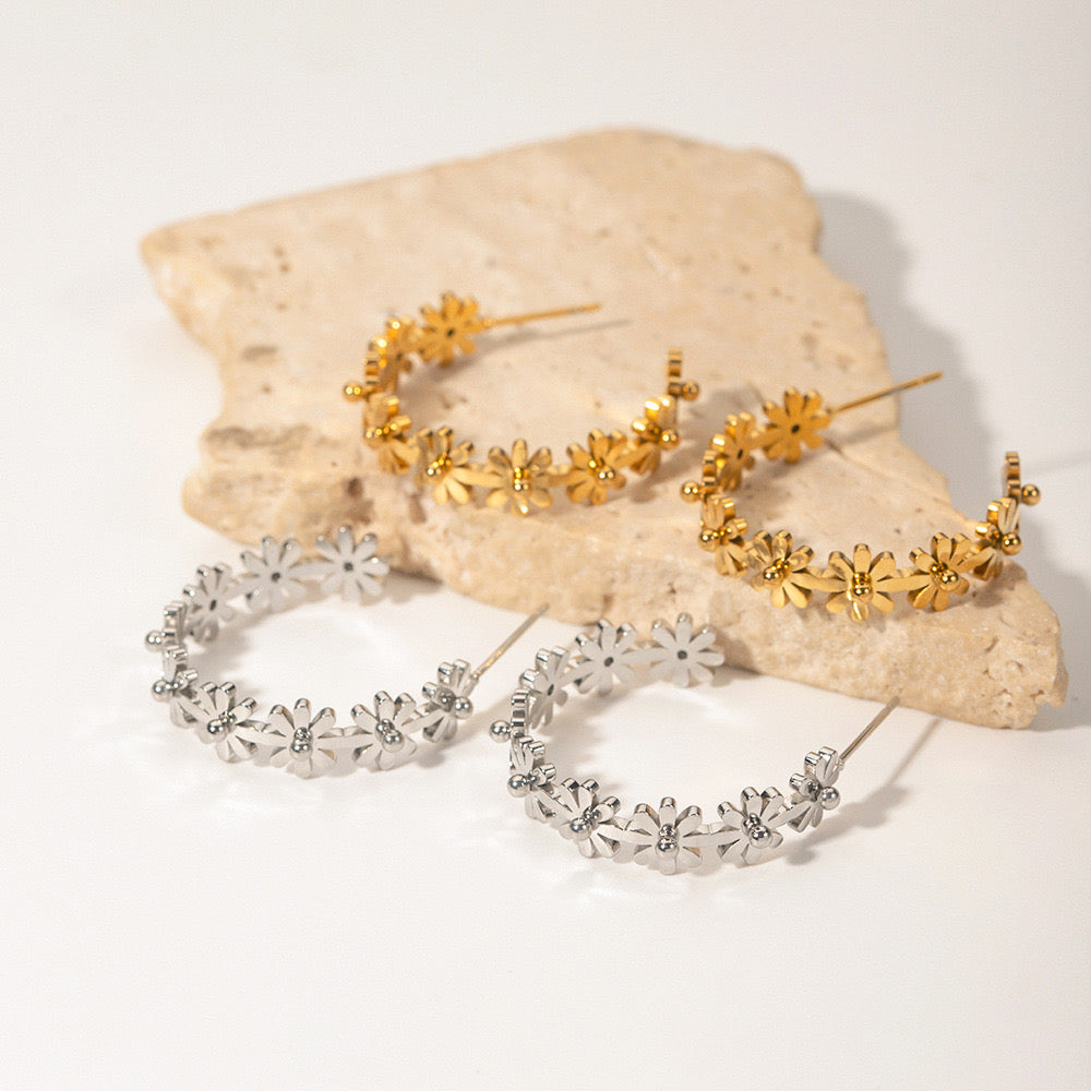 18K Gold Flower Blossom Hoop Huggie Earrings