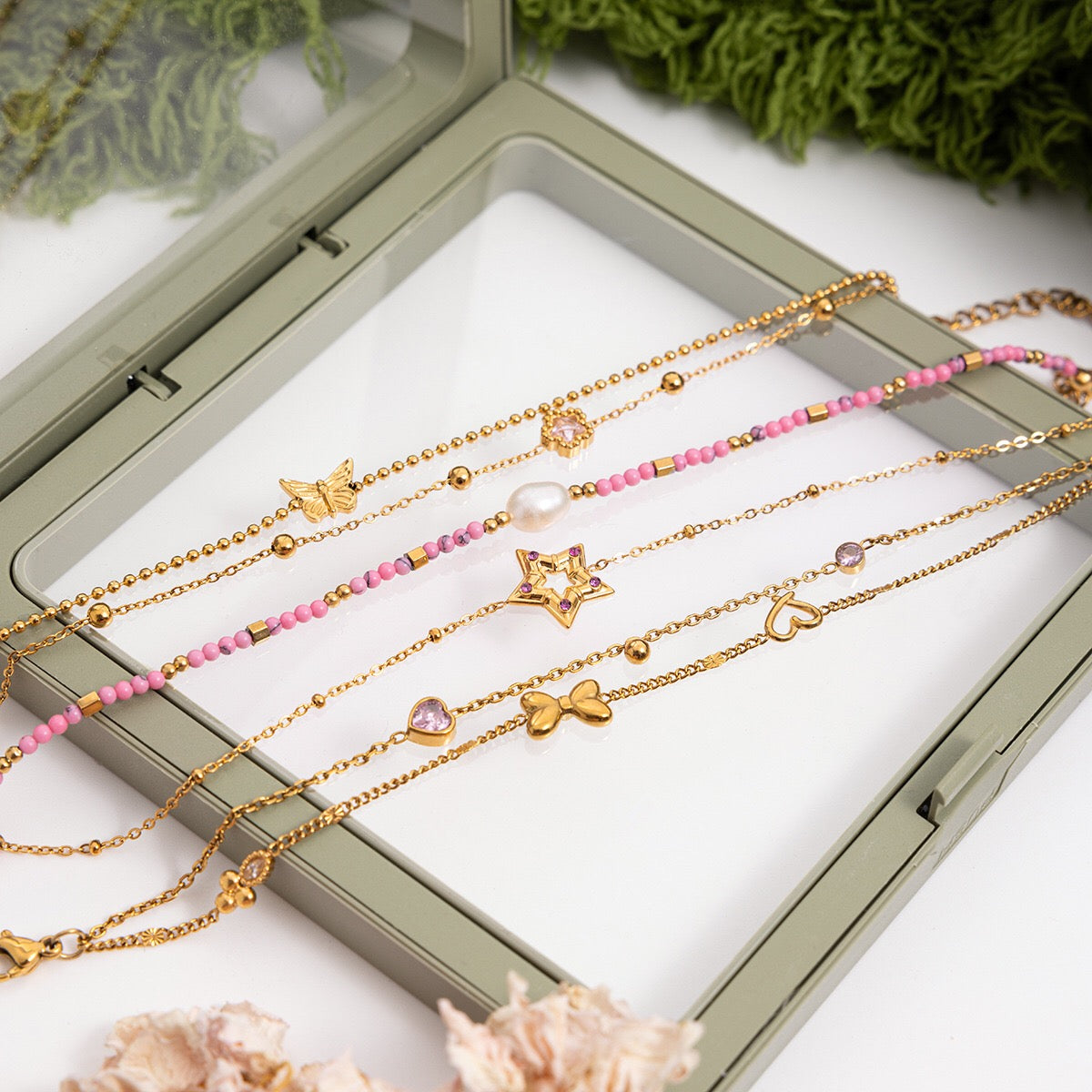 18K Gold Pink Princess Clean Girl Star Bow Heart Dainty Chain Bracelet Stack