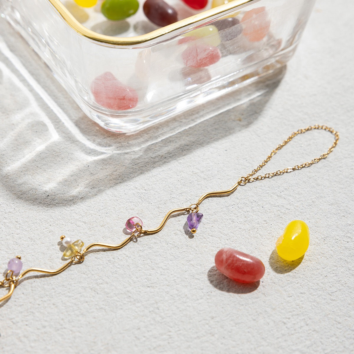18K Gold Waterproof Pastel Gemstone Delicate Wavy Hand Chain Bracelet