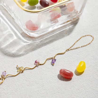18K Gold Waterproof Pastel Gemstone Delicate Wavy Hand Chain Bracelet