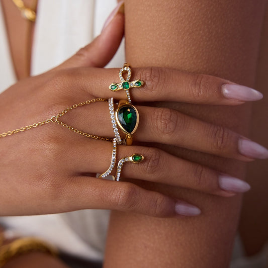 18K Gold Emerald Heiress Cross Snake Statement CZ Cocktail Ring