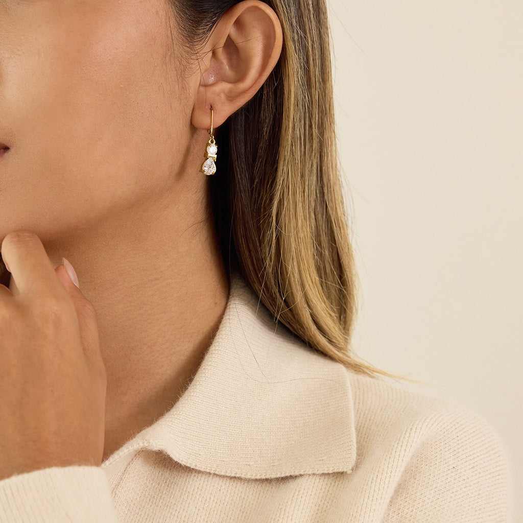 18K Gold Gala Sparkle Drop Dangle Earrings Ear Cuff Stack