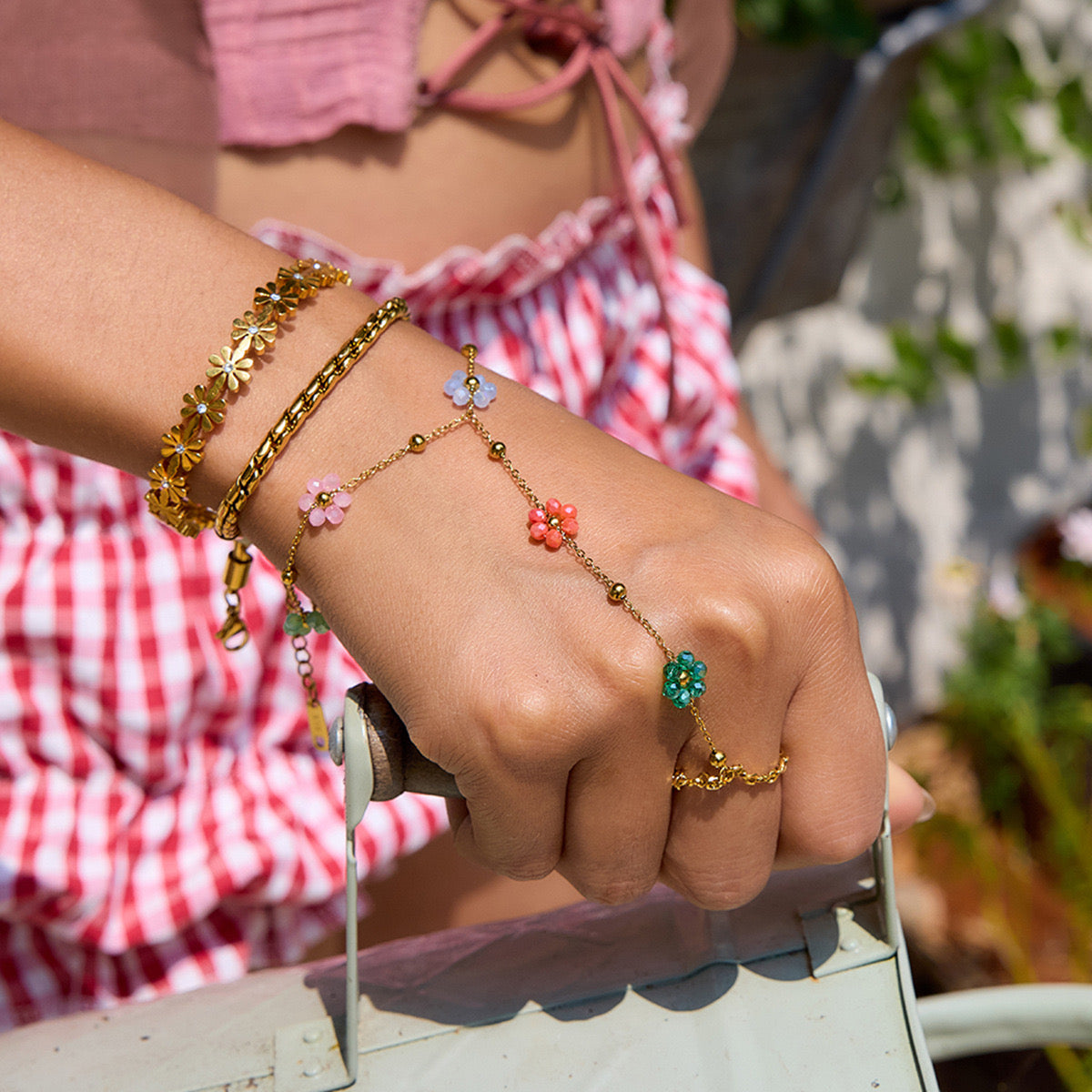 18K Gold Waterproof Color Beaded Flower Hand Chain Bracelet