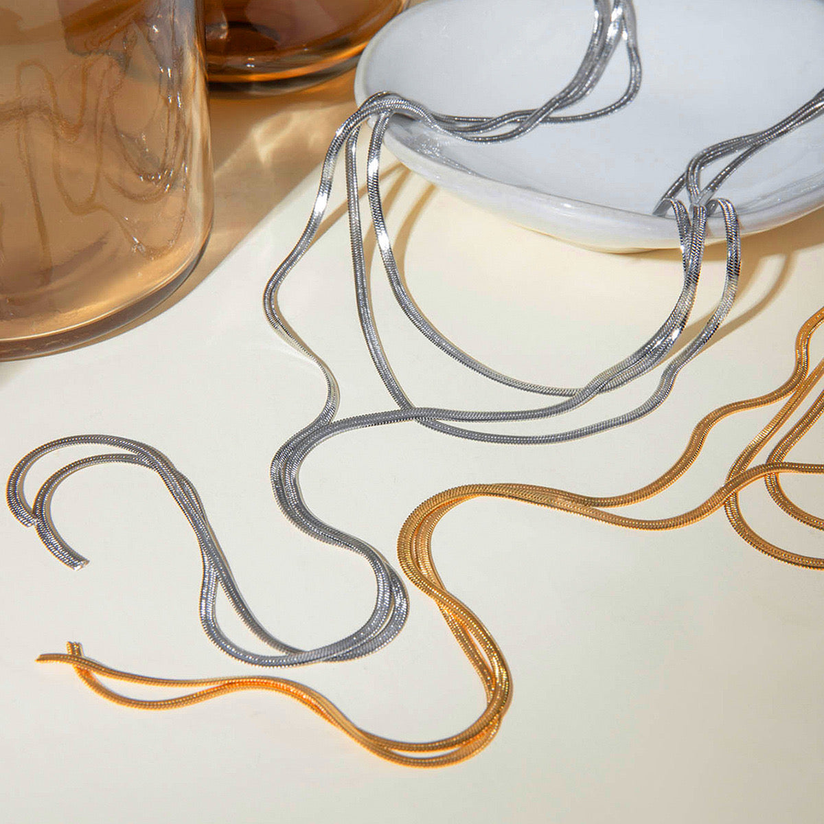 18K Gold Herringbone Chain Layered Lariat Necklace