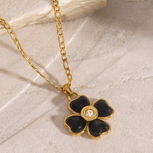 18K Gold Black Heart Clover CZ Pendant Figaro Chain Statement Necklace