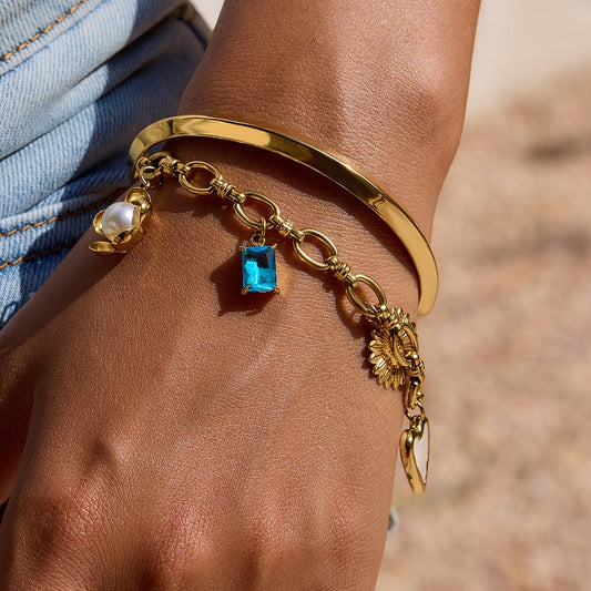 18K Gold Ocean Blue Charm Bracelet Sleek Bangle Stack