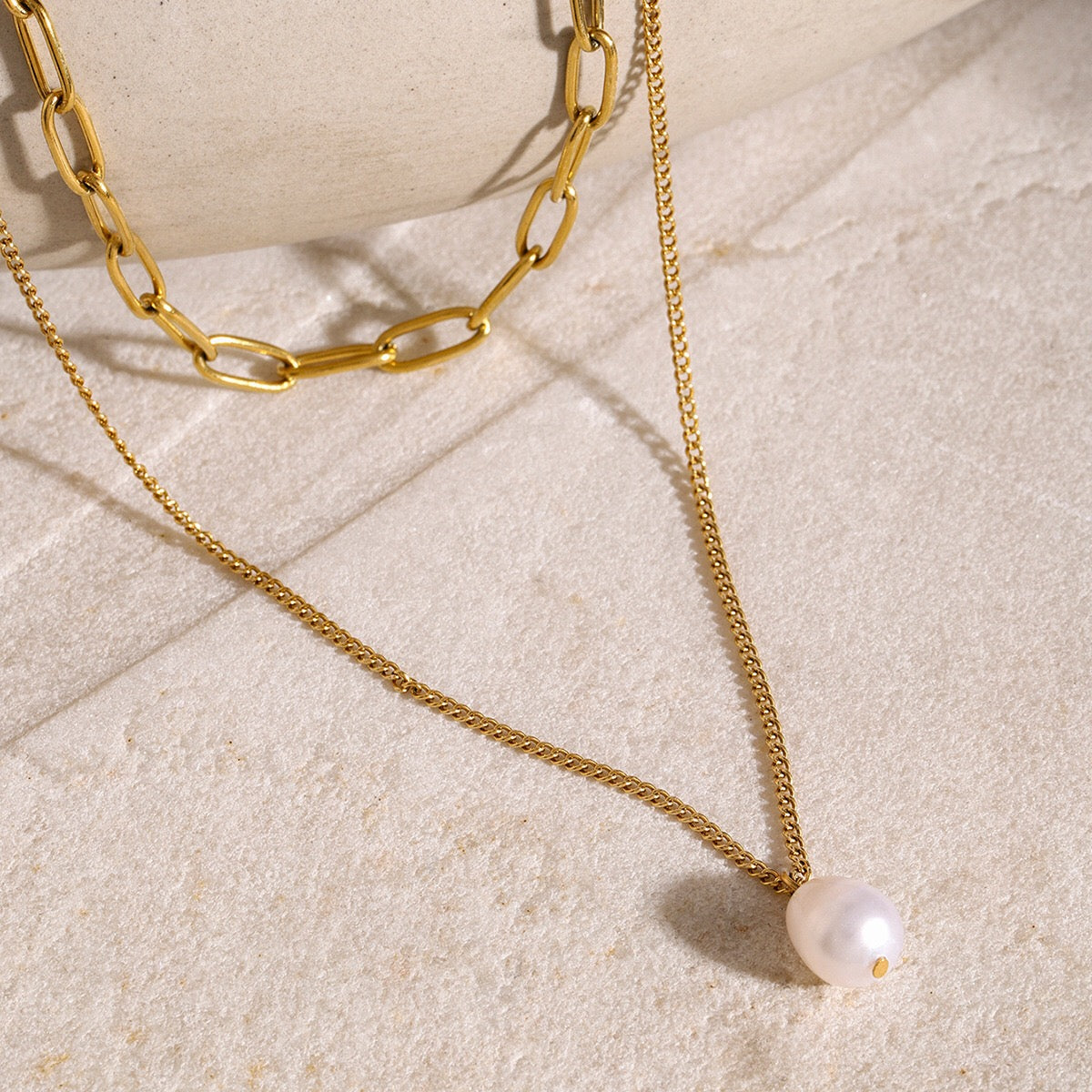 18K Gold Paperclip Chain Pearl Pendant Layered Necklace Set