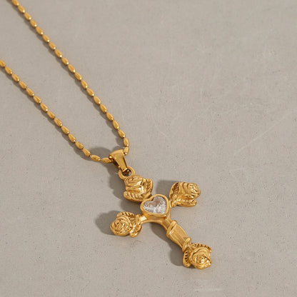 18K Gold Gemstone Cross Pendant Necklace