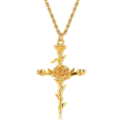 18K Gold Birth Flower Cross Pendant Necklace