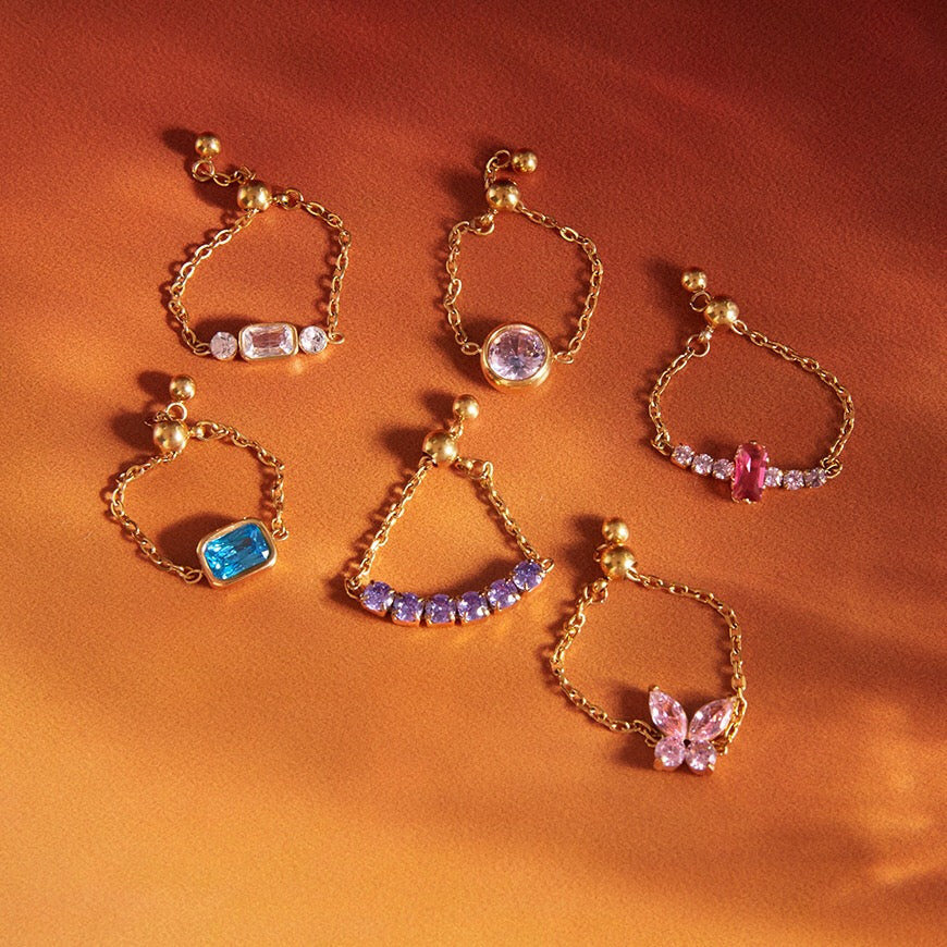 18K Gold Daydream Pink Butterfly Color Stones Adjustable Chain Ring