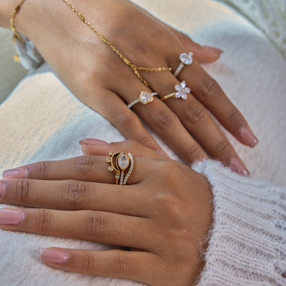 18K Gold Flirt Alert Flower Heart Statement CZ Stacking Ring