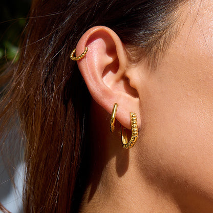 18K Gold Bare Ribbed Rectangle Huggie Earrings Cartilage Hoops Stack