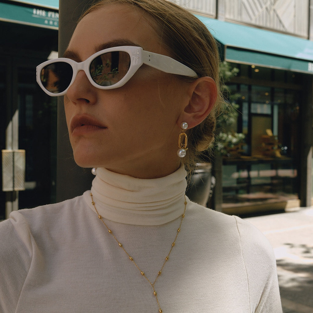 18K Gold Champagne Problems Pearl Chain Drop Dangle Earrings