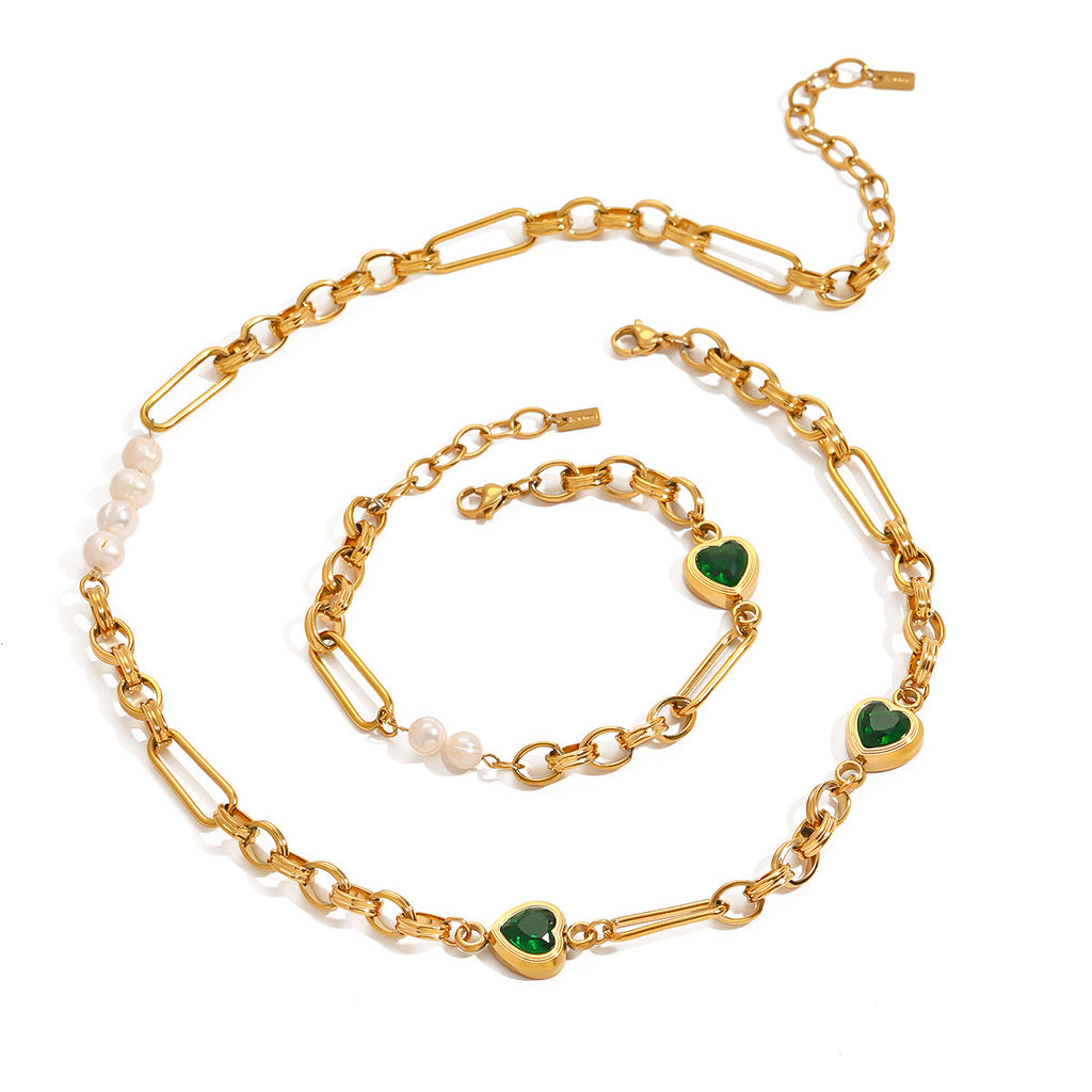 18K Gold Emerald Heart Pearl Beads Chunky Chain Necklace
