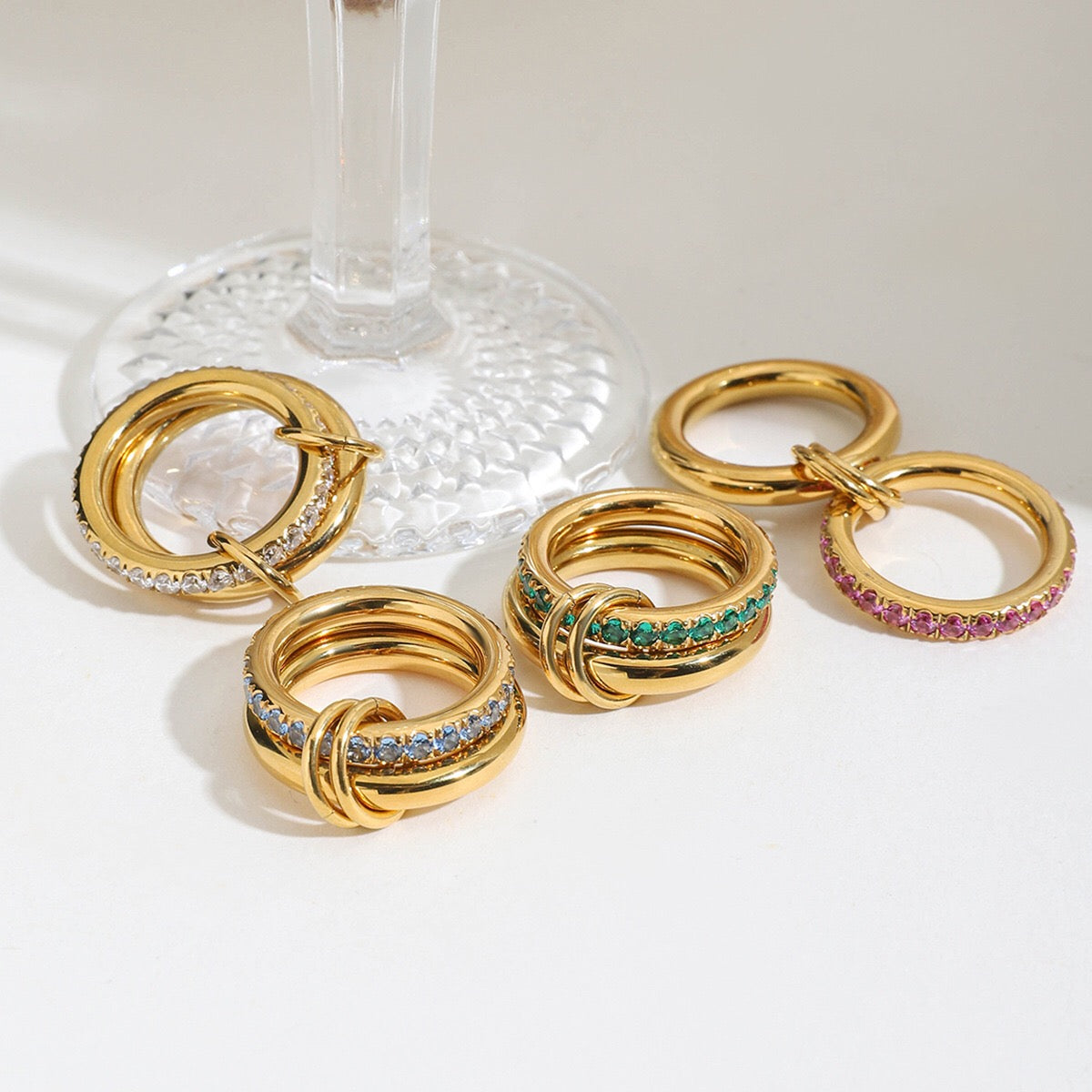 18K Gold Double Link Connected Stacking Pave Ring