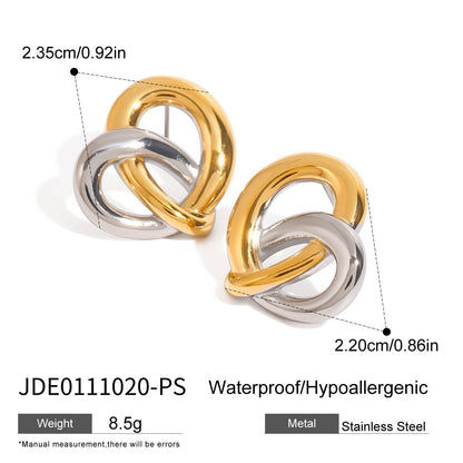 18K Gold and Silver Two Tone Pretzel Heart Statement Stud Earrings