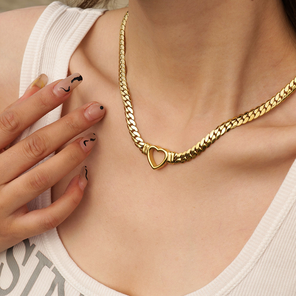 14K Gold Cuban Link Heart Necklace