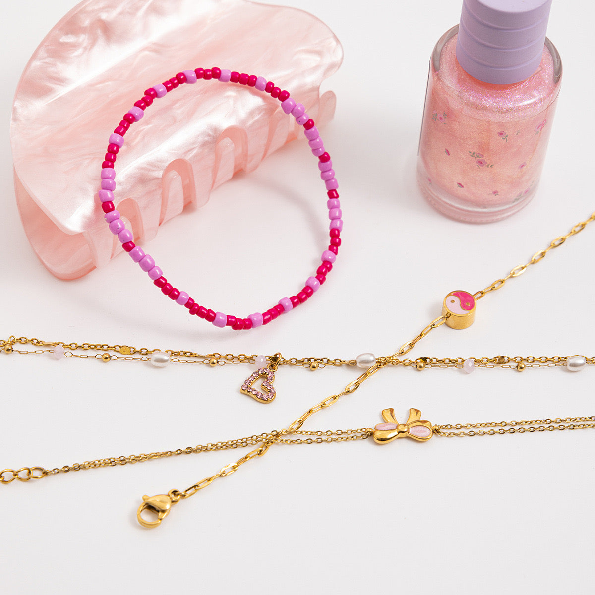 18K Gold Hot Pink Beaded Flower Bow Heart Chain Bracelet Stack