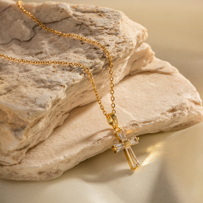 18K Gold Minimalist Crystal Cross Necklace