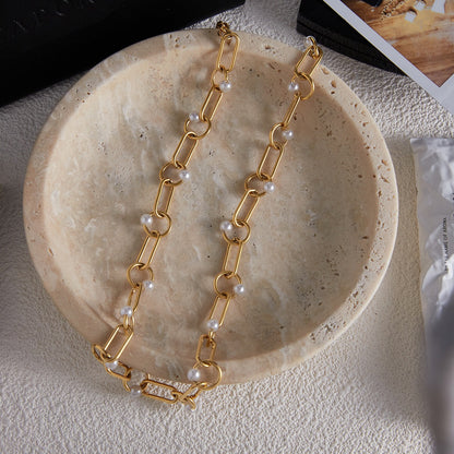 18K Gold Modern Loop Pearl Circle Chain Necklace
