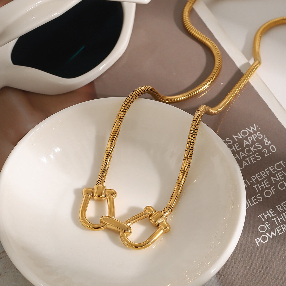 18K Gold Cuffed Pendant Statement Necklace