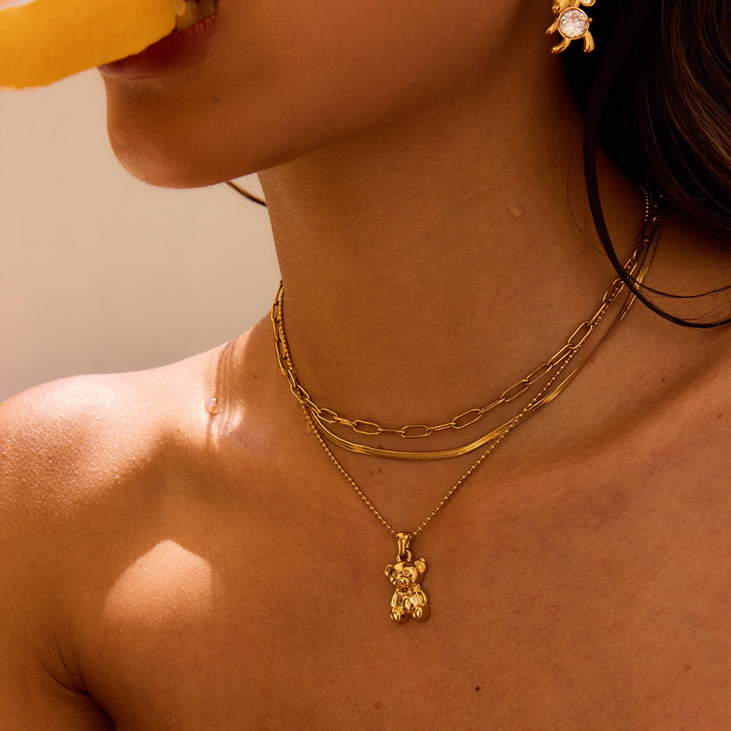 18K Gold Cute Gummy Bear Pendant Herringbone Snake Chain Layered Necklace