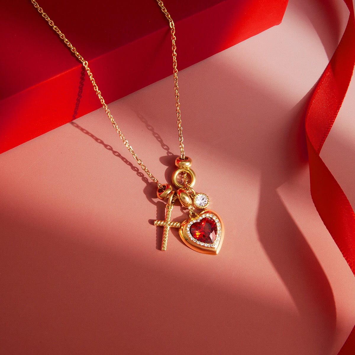 18K Gold Amour Red Heart Pendant Key Cross Charm Necklace