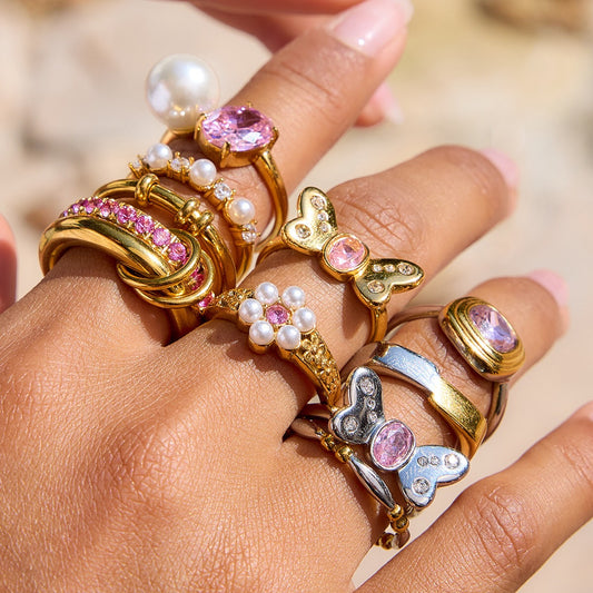 18K Gold Pink Princess Statement Stacking Rings