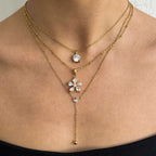 18K Gold Crystal Kiss Flower Pendant Lariat Layered Necklace Set