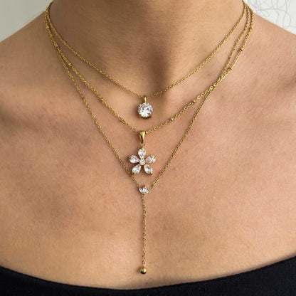 18K Gold Crystal Kiss Flower Pendant Lariat Layered Necklace Set