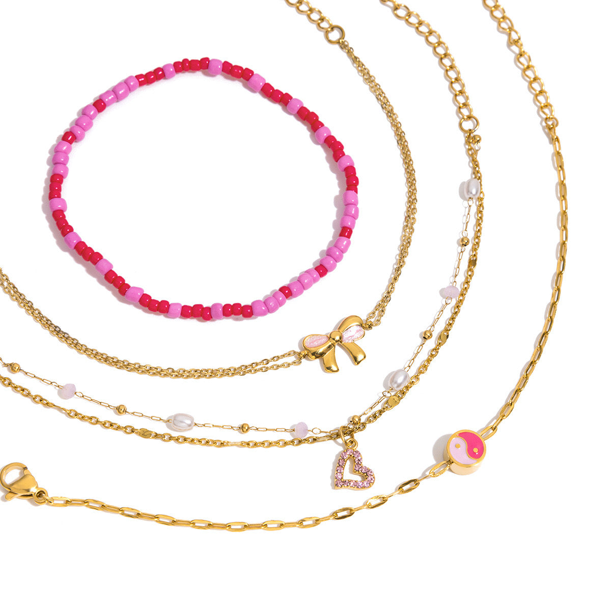 18K Gold Hot Pink Beaded Flower Bow Heart Chain Bracelet Stack