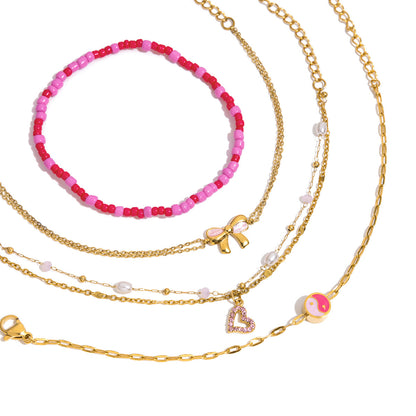 18K Gold Hot Pink Beaded Flower Bow Heart Chain Bracelet Stack