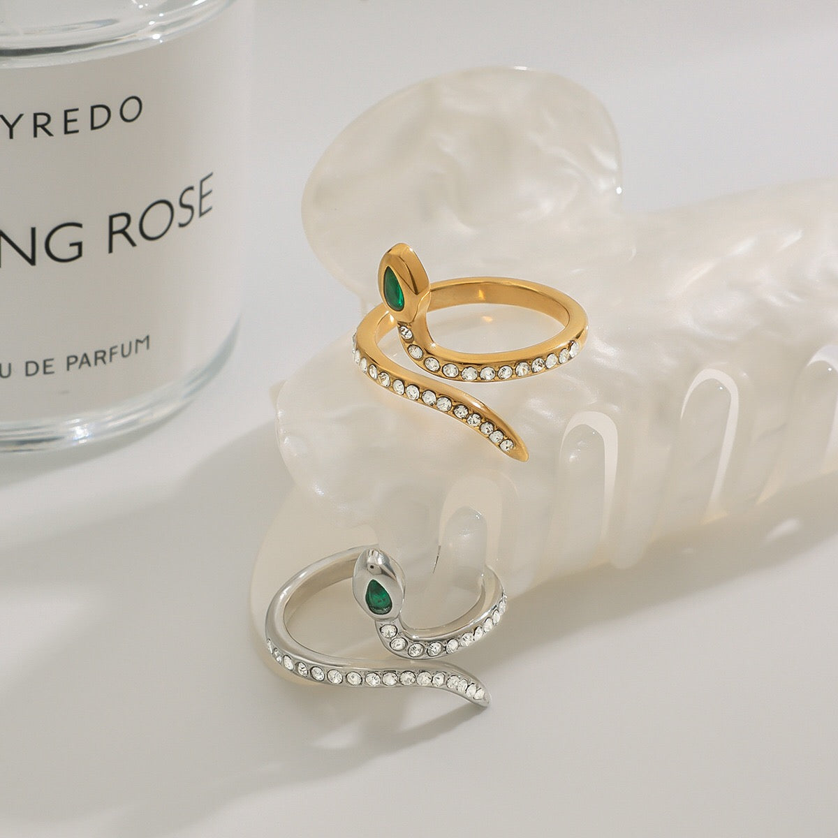 18K Gold Femme Fatale Emerald Pave Snake Ring