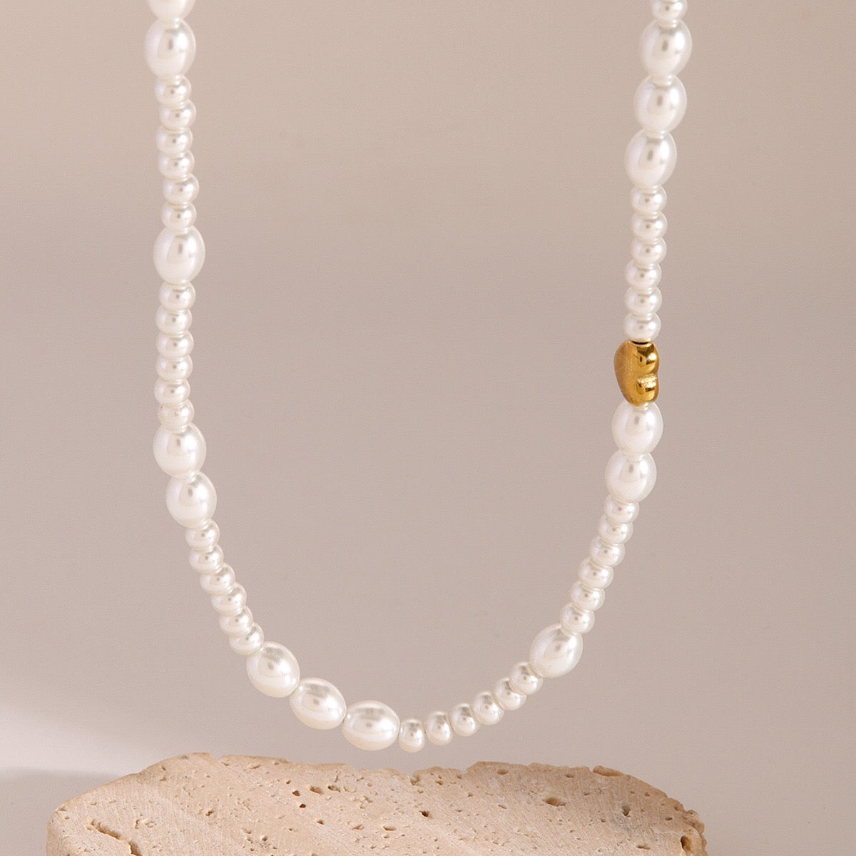 18K Gold Heart Pearl Chain Beaded Collar Necklace