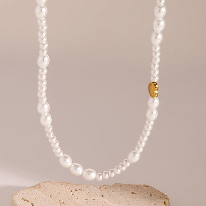 18K Gold Heart Pearl Chain Beaded Collar Necklace