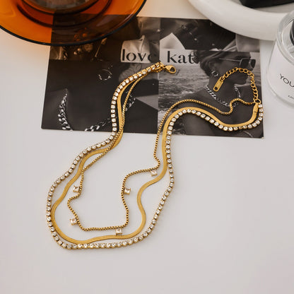 18K Gold Lavish Tennis Herringbone Snake Chain Dainty Layered Necklace Set