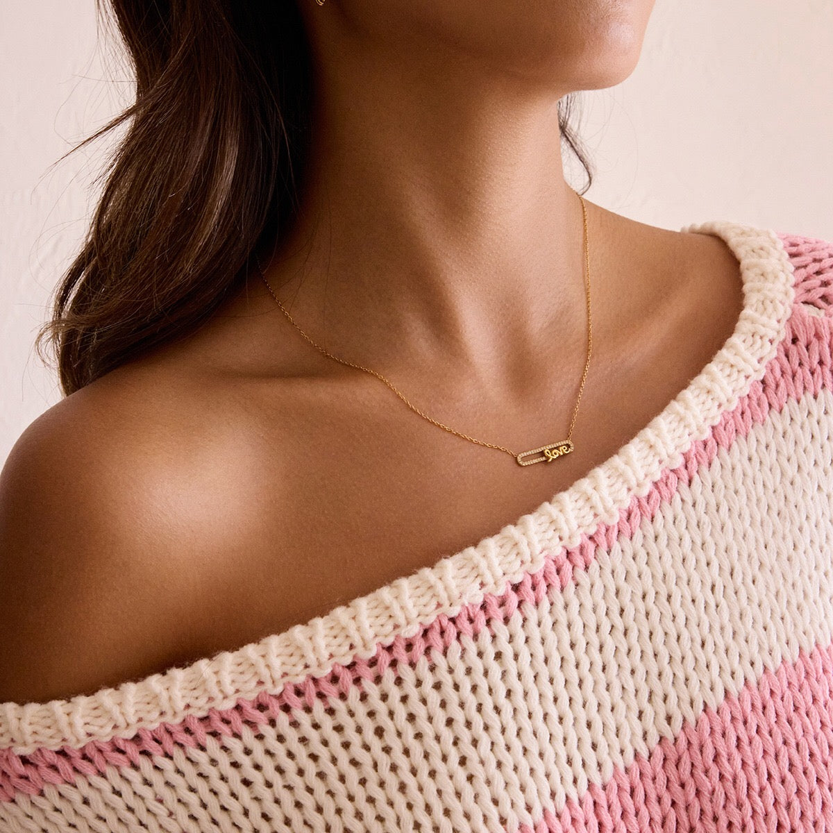 18K Gold Bling Love Letter Pink Jewel Paperclip Chain Layered Necklace Set