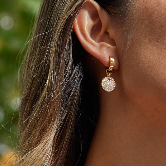 18K Gold Swinging sparkle Pave Disc Small Hoop Dangle Huggie Earrings