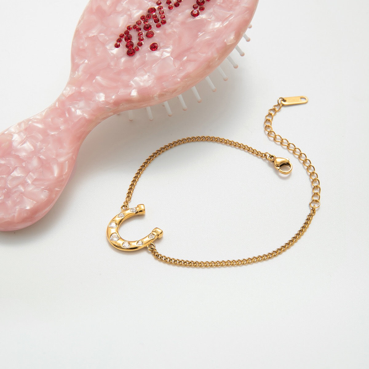 18K Gold Intimate Heart Tennis Horseshoe Chain Bracelet Stack