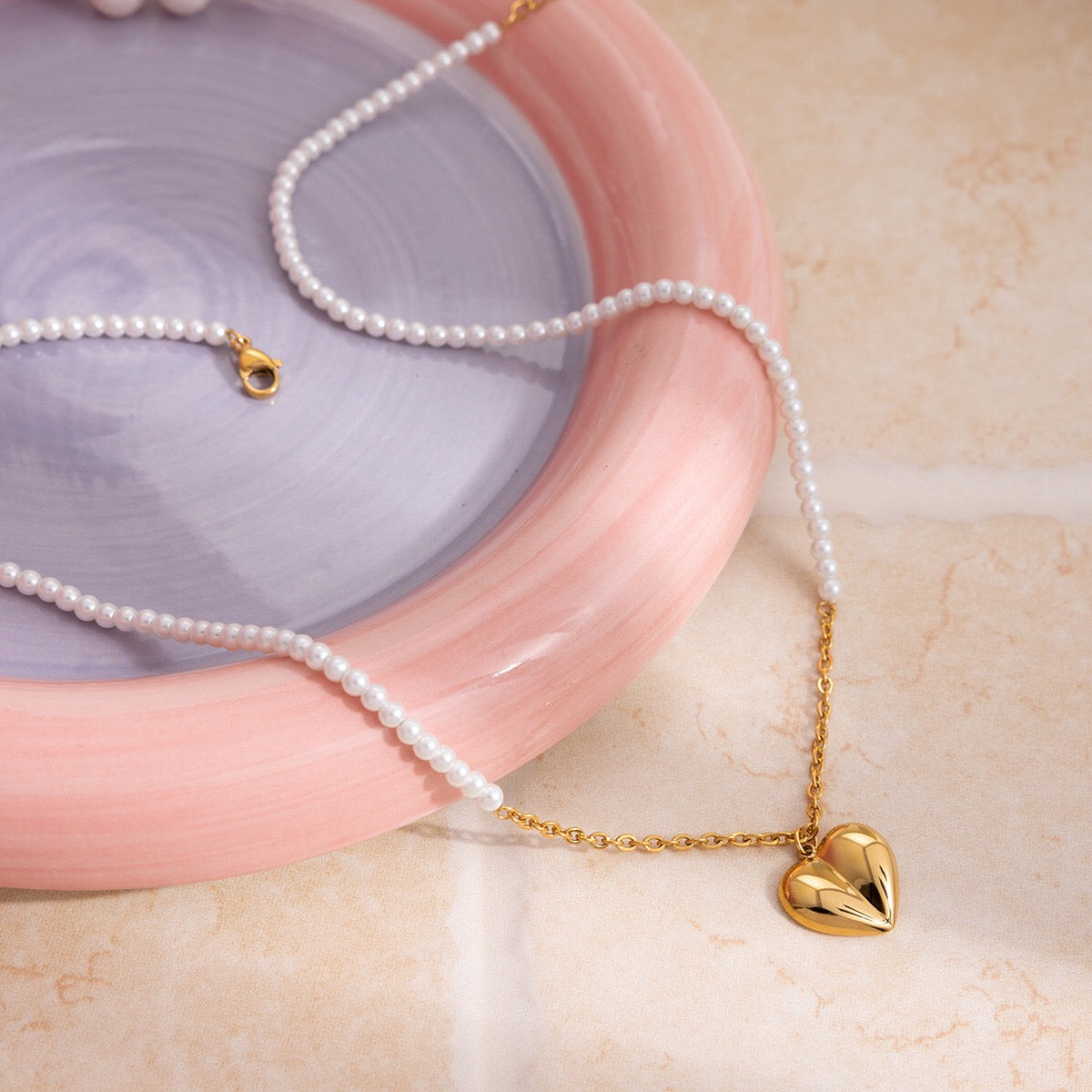 18K Gold Pearl Amour Heart Pendant Beaded Chain Necklace