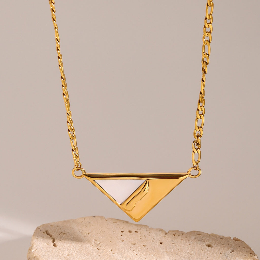 18K Gold Mother of Pearl Triangle Pendant Figaro Chain Necklace