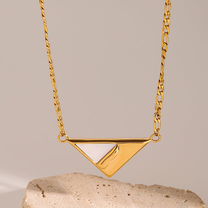 18K Gold Mother of Pearl Triangle Pendant Figaro Chain Necklace