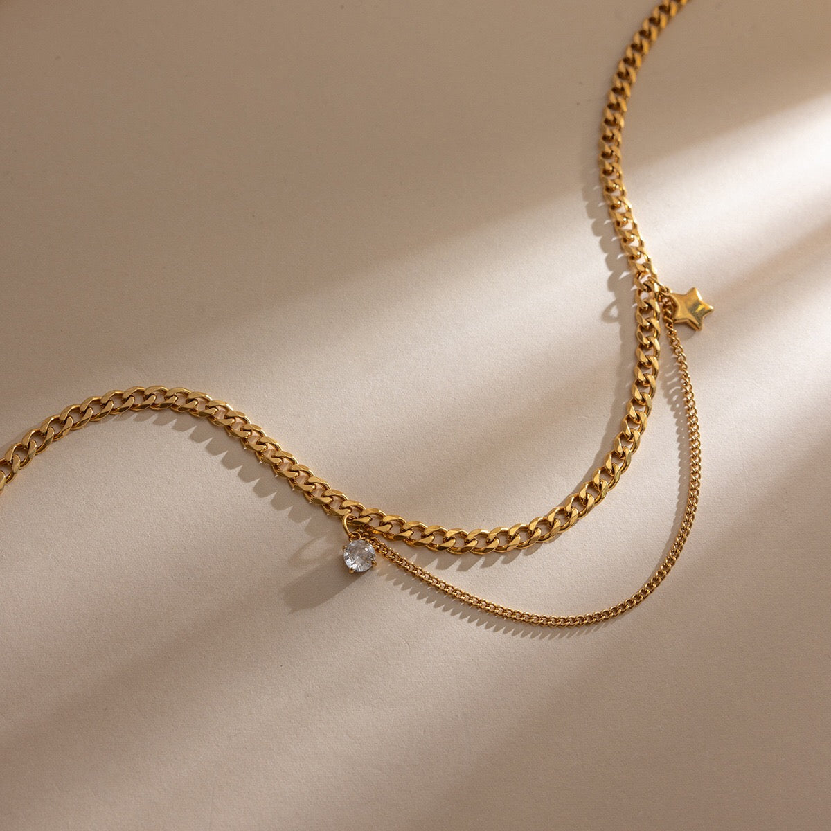 18K Gold Nova Star Cuban Link Chain Layered Necklace