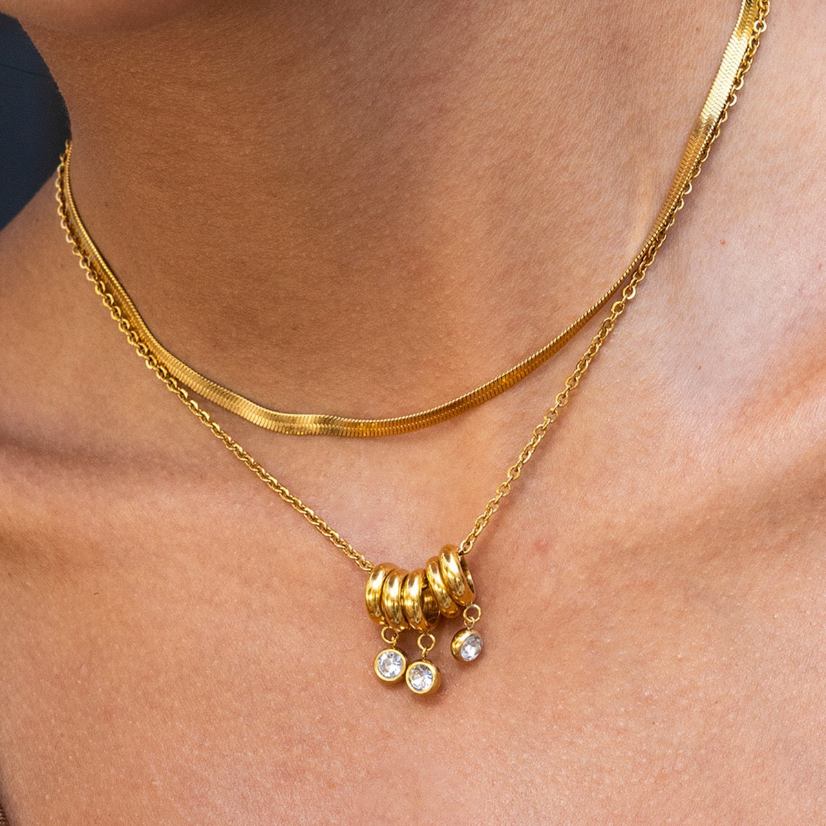 18K Gold Starry Ring Charm Pendant Herringbone Snake Chain Layered Necklace Set